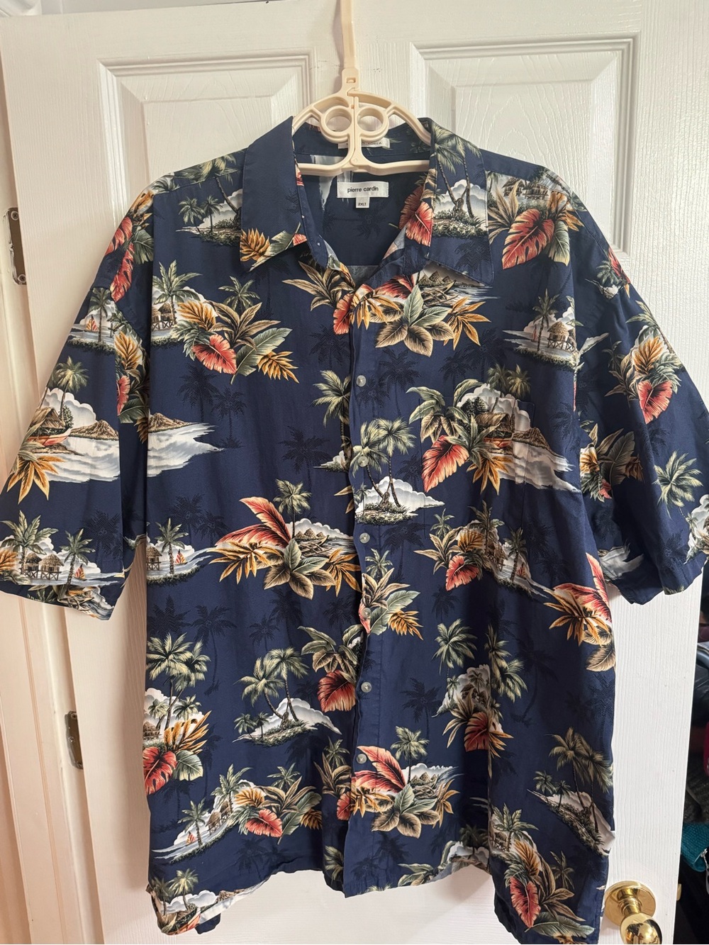 Pierre Cardin Mens 2XLT Hawaiian Navy Palm Island Shirt Cotton Short Sleeve